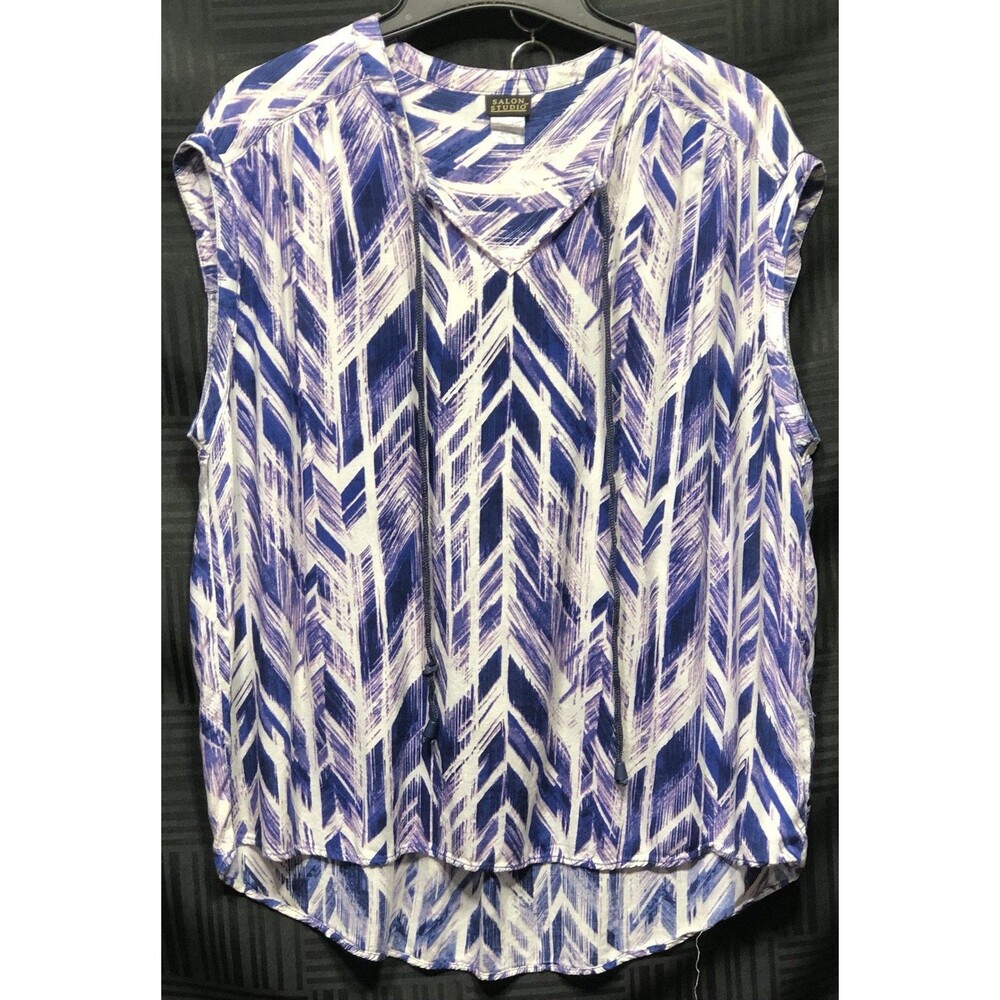 Salon Studio Top XL Purple Wht Geo Tie Neck Sleeveless Hi Lo Hem beach coastal
